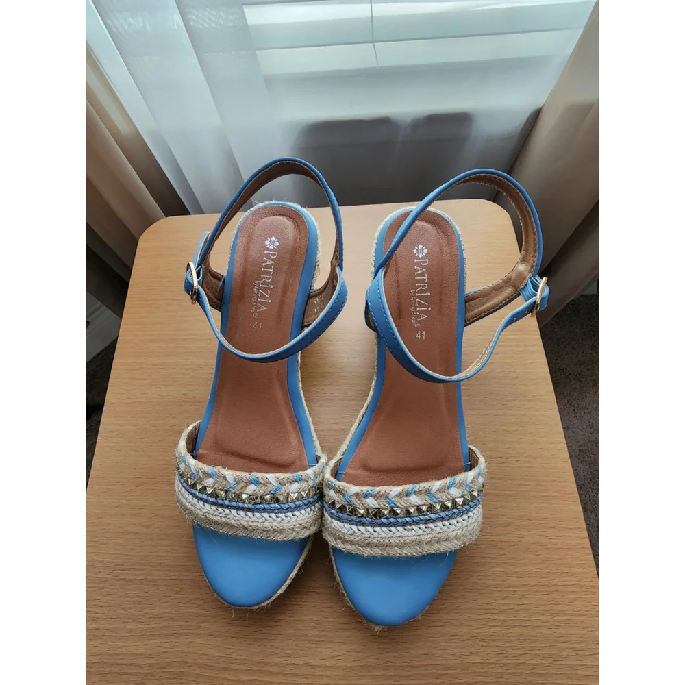 Patrizia Tisch Woven Wedge Light Blue Embellished Espadrille Sandals US 9.5 EU41